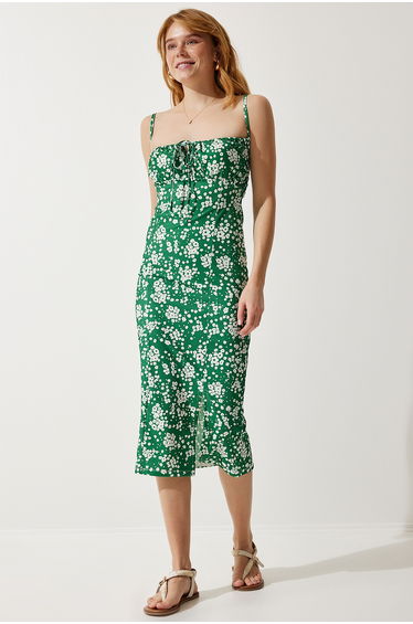 Women's Dark Green Floral Slit Summer Knitted Dress