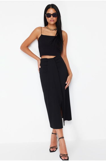 Black Gathered Detail Elastic Midi Skirt