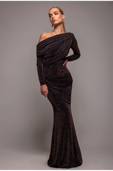 Off The Shoulder Gathered Panel Sparkle Lurex Maxi Dress - Black Rose by Goddiva
