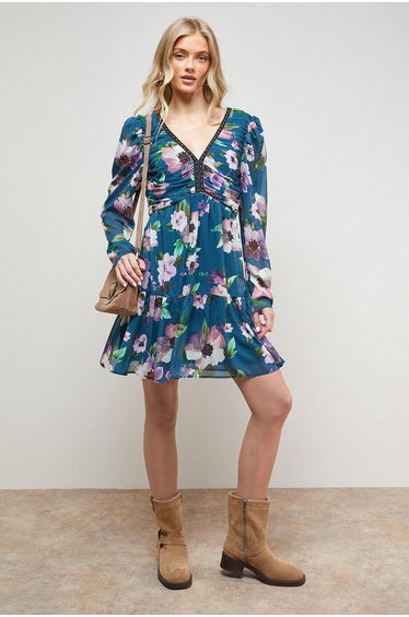 Printed Statement Shoulder Ruched Body Mini Dress
