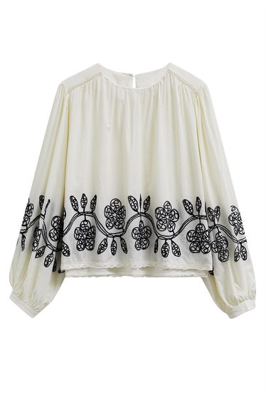 Crew Neck Floral Embroidered Puff Sleeve Top