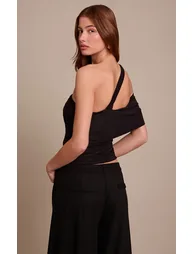 Black Double Layer Slinky Abstract Sleeve Detail Top - 1