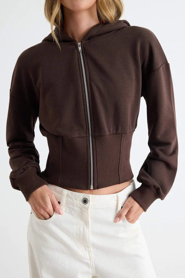 Dark Brown Thick Non-Embossed Waist-Fitted Hooded Zippered Knitted Cardigan/Sweatshirt - 2