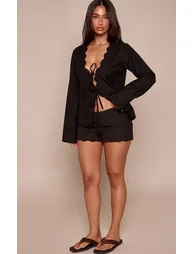 Petite Black Scalloped Edge Tie Front Long Sleeve Linen Look Shirt Co-ord