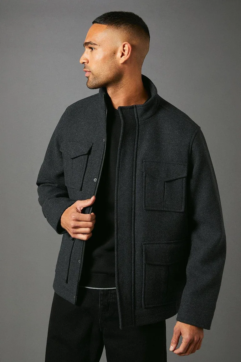 Four Pocket Wool Blend Jacket - charcoal - 1