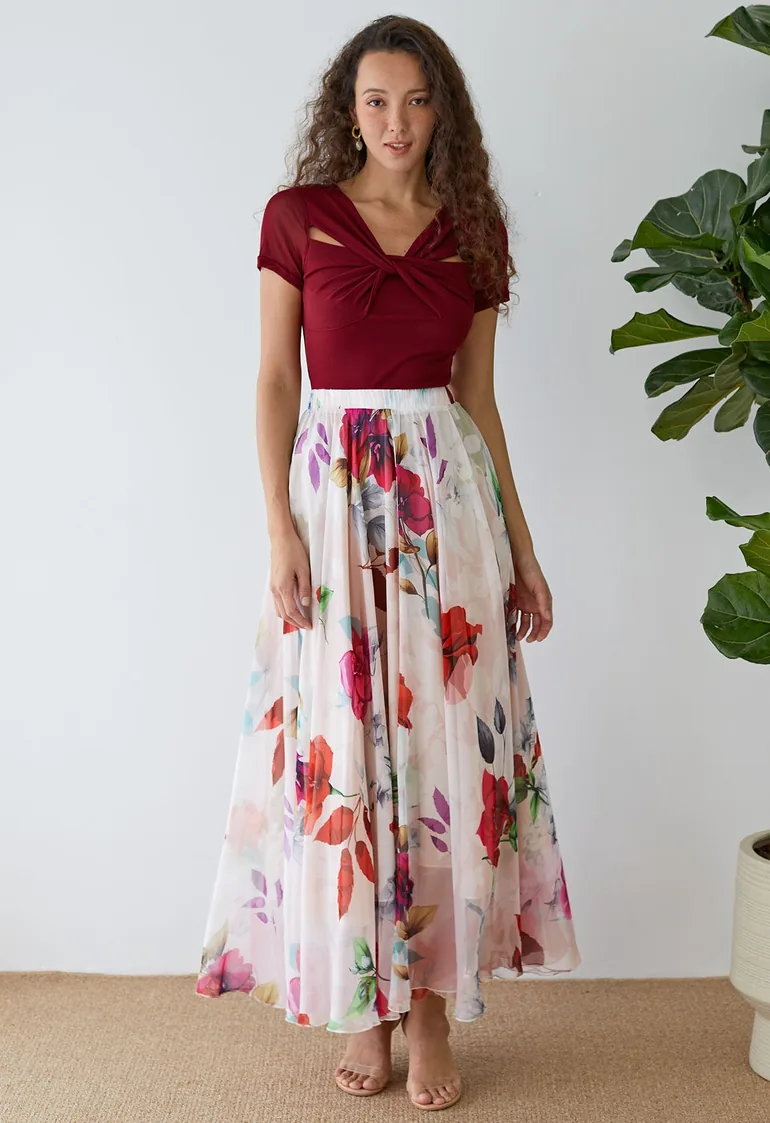 Best Blooms Rose Printed Chiffon Maxi Skirt in Blush - 8