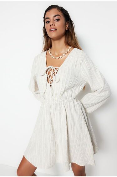 White A-Line Mini Skater Dress with Long Sleeve product thumbnail 3
