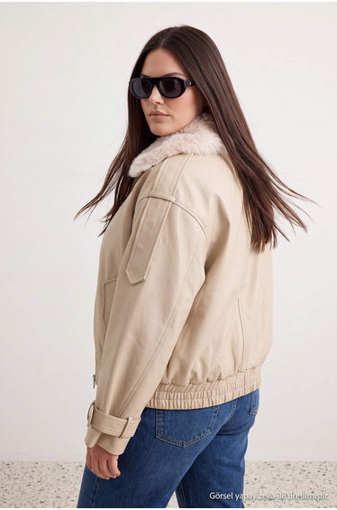 Ecru Oversize Faux Fur Collar Faux Leather Plus Size Jacket Coat product thumbnail 4