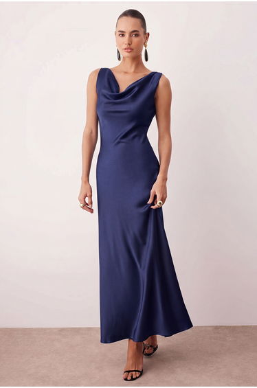 Navy blue a-line degaje neck satin maxi chic dress
