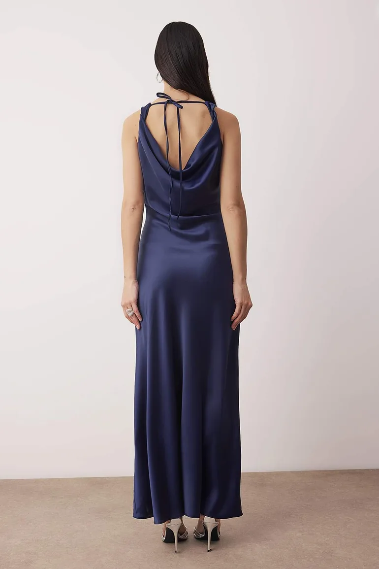 Navy blue a-line degaje neck satin maxi chic dress - 1