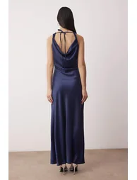 Navy blue a-line degaje neck satin maxi chic dress - 1