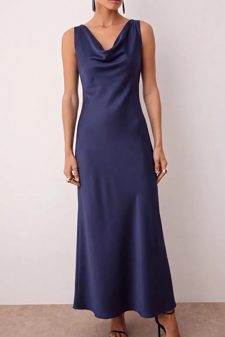Navy blue a-line degaje neck satin maxi chic dress - 3