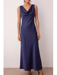 Navy blue a-line degaje neck satin maxi chic dress - 3