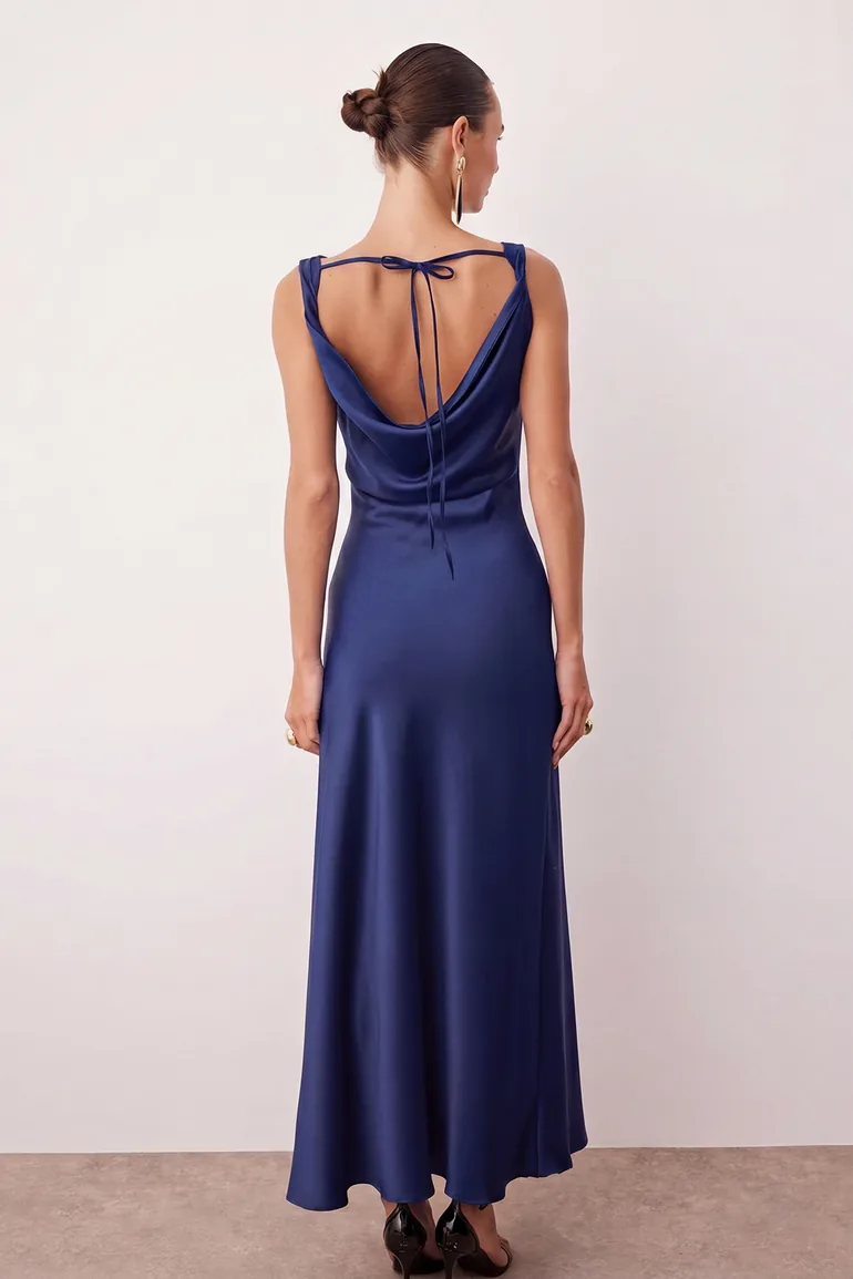 Navy blue a-line degaje neck satin maxi chic dress - 4
