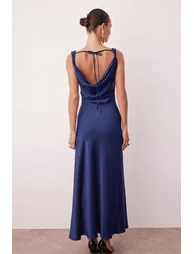 Navy blue a-line degaje neck satin maxi chic dress - 4