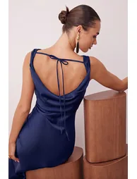 Navy blue a-line degaje neck satin maxi chic dress - 2