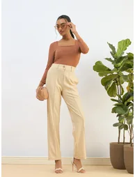 Beige Front Dart Straight Leg Pants