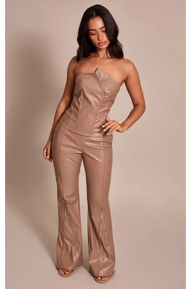 Petite Taupe Faux Leather Zip Detail Trousers