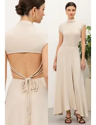 Mock Neck Tie-Back Cutout Maxi Dress in Cream - 2