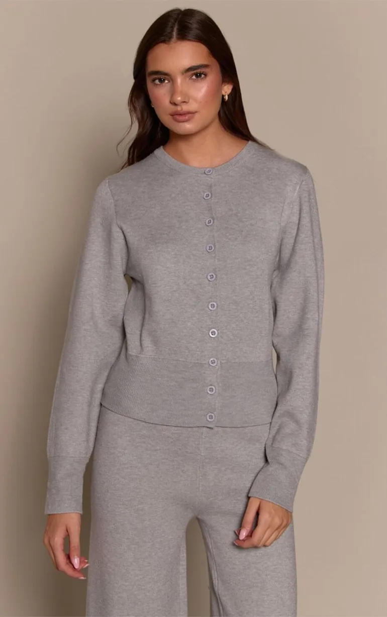 Grey Marl Compact Knit Placket Detail Cardigan - 5