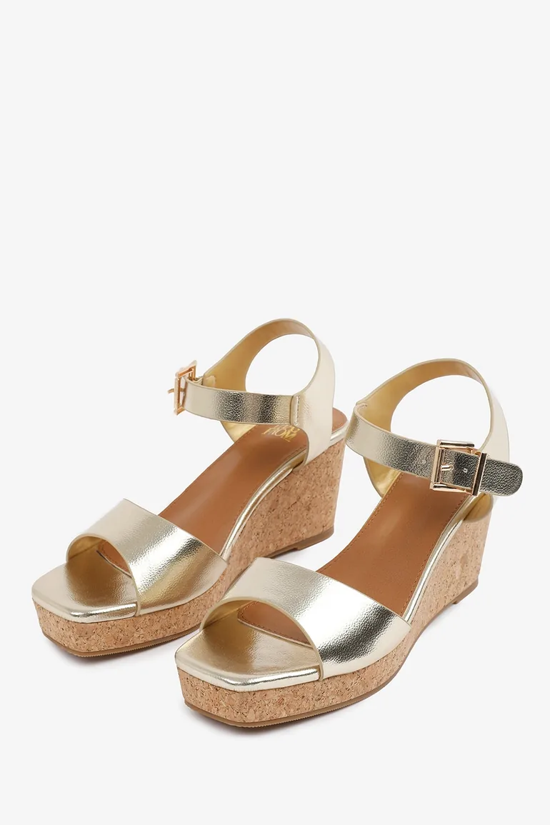 Alvira Wide Fit Gold Metallic Cork Platform Wedge Sandals - 3