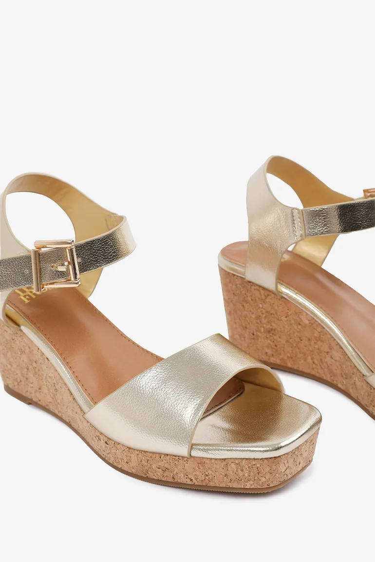 Alvira Wide Fit Gold Metallic Cork Platform Wedge Sandals - 4
