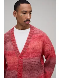 Relaxed Boxy Ombre Knitted Cardigan - red - 2