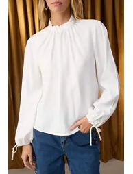 Ecru Balloon Sleeve Stand Collar Modal Woven Blouse - 2