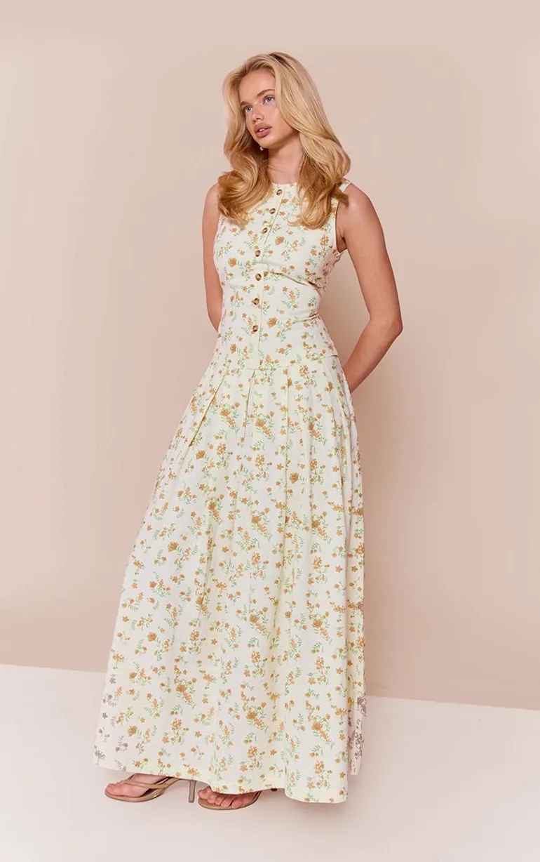 Lemon Printed Linen Look Button Down Dropped Waist Maxi Dress - 2