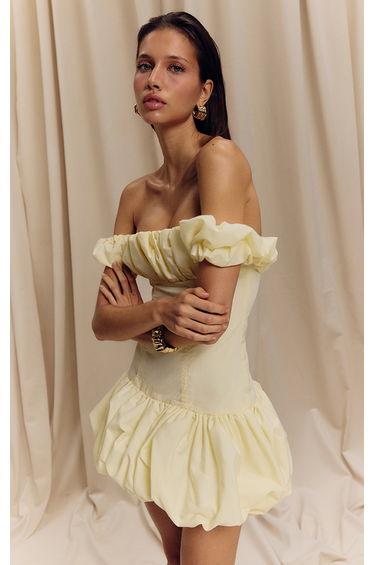 Lemon Ruched Bardot Puff Hem Bodycon Dress product thumbnail 2