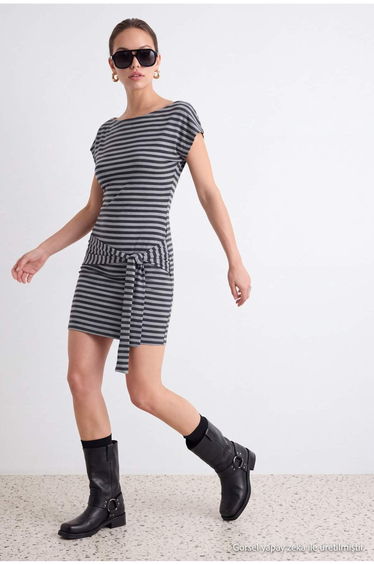 Multi-Colored Striped Bodycon Belted Mini Viscose Ribbed Unlined Knitted Dress