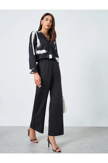 Solid Elastic Waist Straight Leg Pants