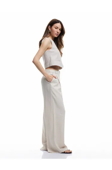 Linen Viscose Blended Wide Leg Trousers with Pockets and Pleats