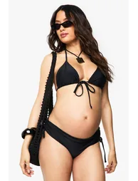 Maternity Tie Front Triangle High Waisted Ruched Side Bikini - black - 2