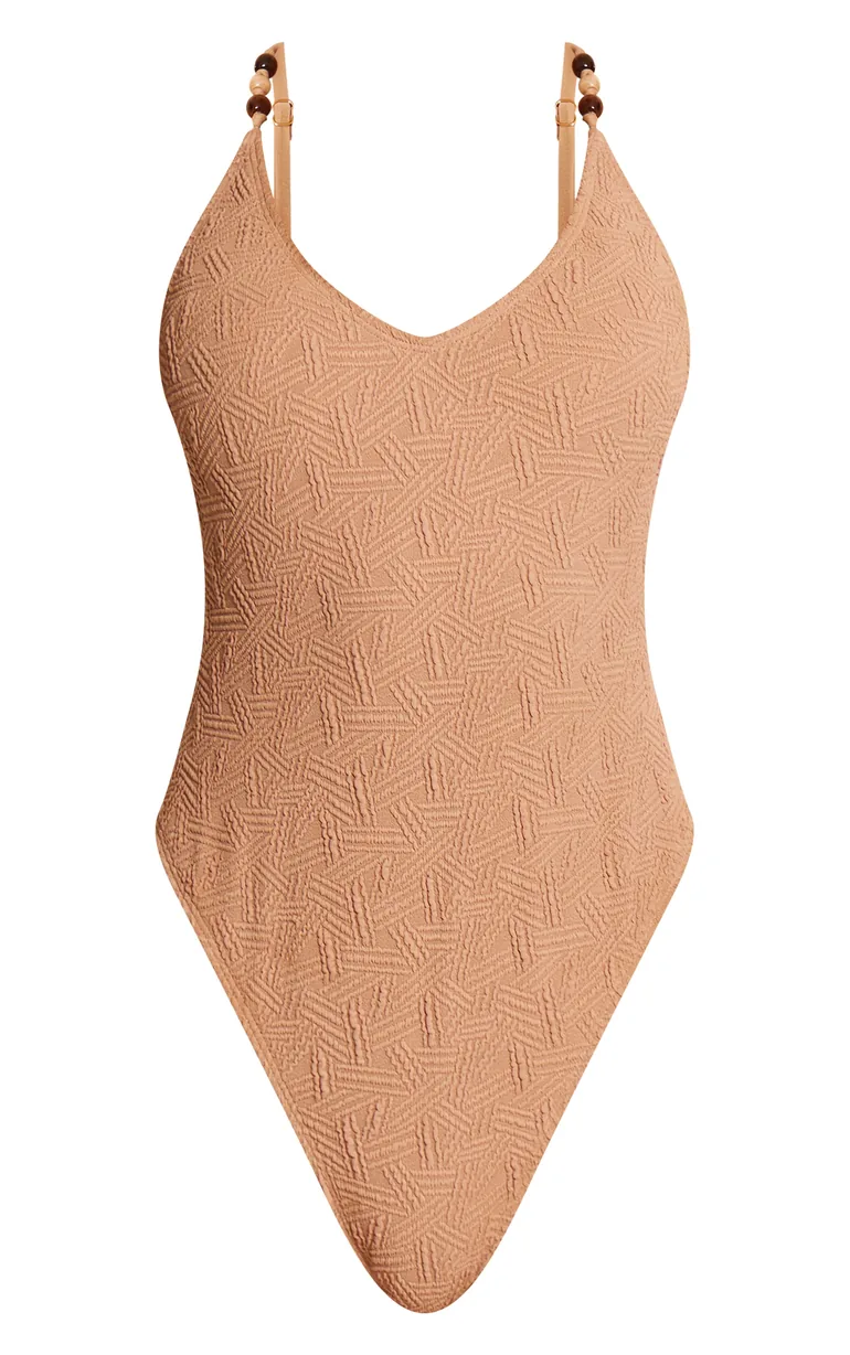 Stone Textured Bead Trim Plunge Swimsuit - 3