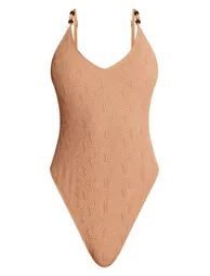 Stone Textured Bead Trim Plunge Swimsuit - 3