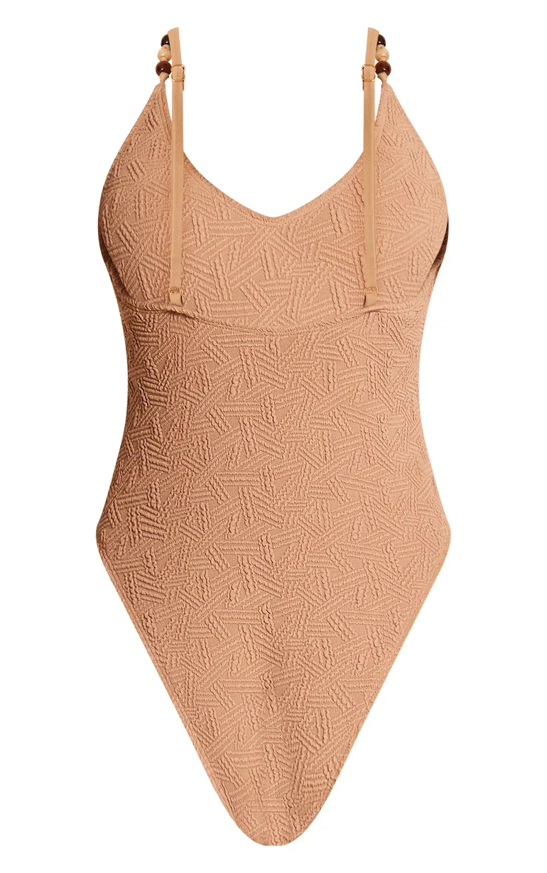 Stone Textured Bead Trim Plunge Swimsuit - 4