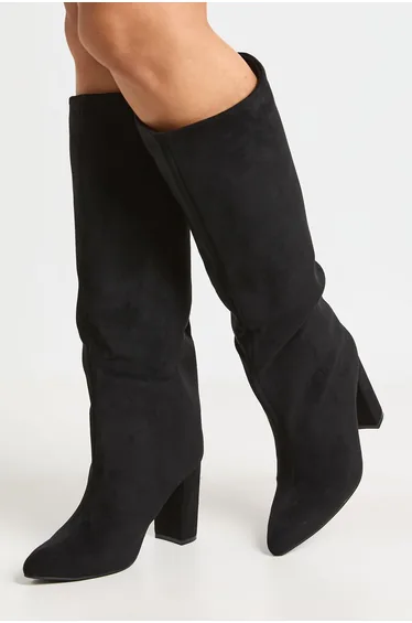 Faux Suede Block Heel Knee High Column Boots - black