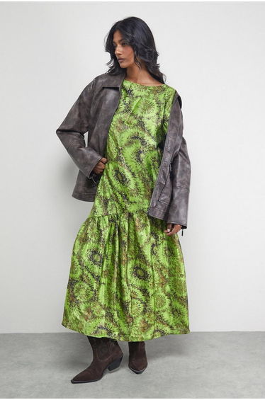 Textured Organza Asymmetric Seam Volume Sleeve Midi Dress