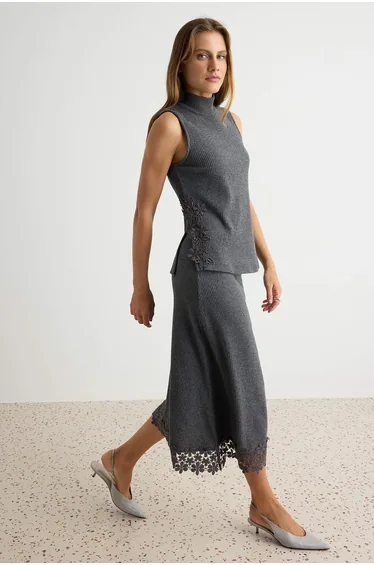 Anthracite Melange Peplum Lace Detailed Thessaloniki Skirted Knitted Bottom - Top Set