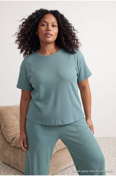 Green Waist Tie Detailed Waffle Knitted Pajama Set product thumbnail 3