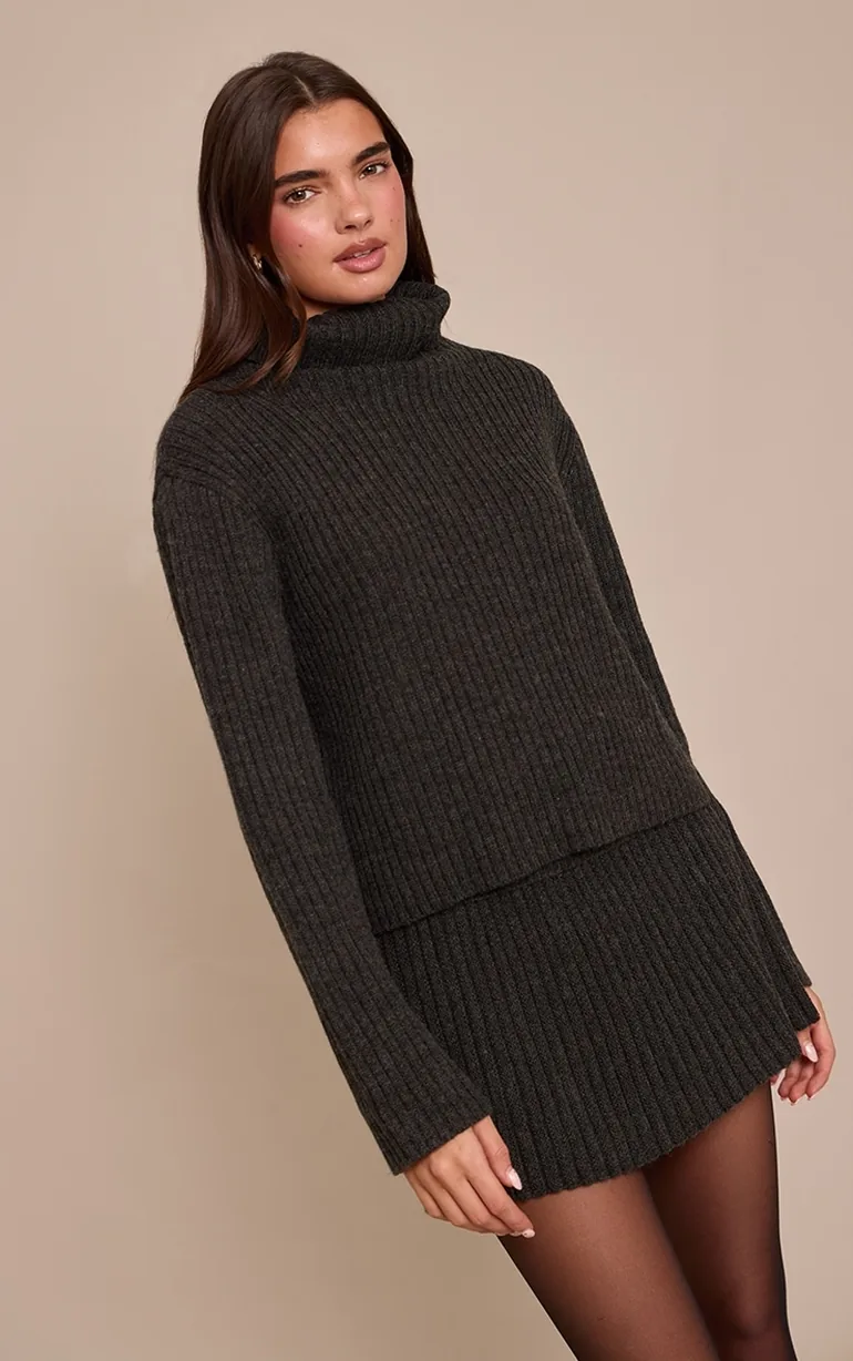 Grey Pleated Knitted Mini Skirt - 1