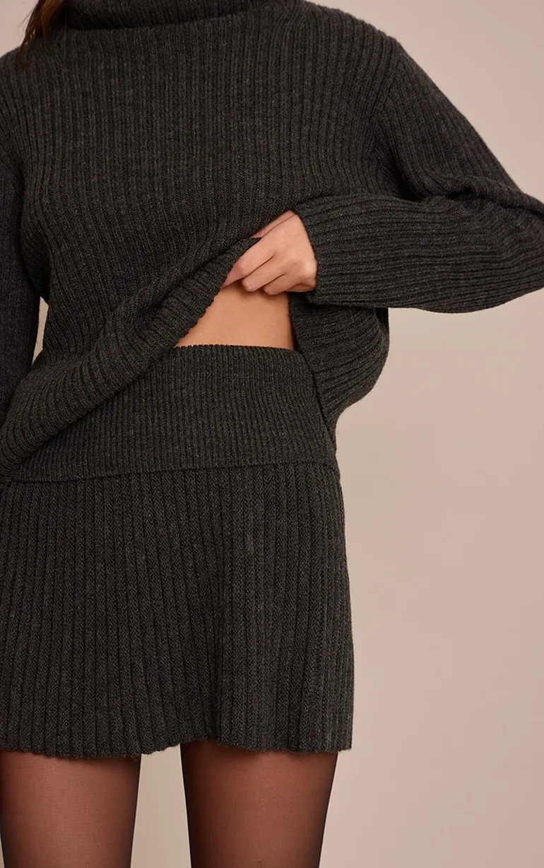 Grey Pleated Knitted Mini Skirt - 4