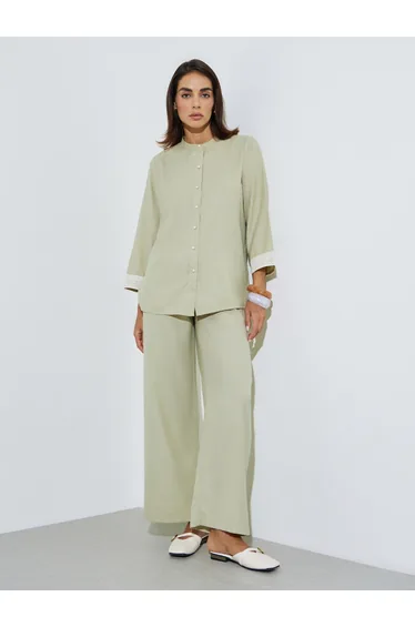 Green Mandarin Collar Shirt and Straight Pants Modest Set