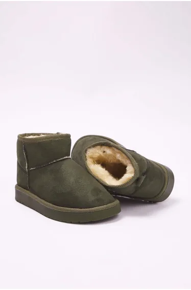Khaki Fur Lined Round Toe Flatform Heeled Women's Boots