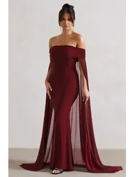 Carlotta | Berry Bardot Maxi Dress With Chiffon Cape - 3