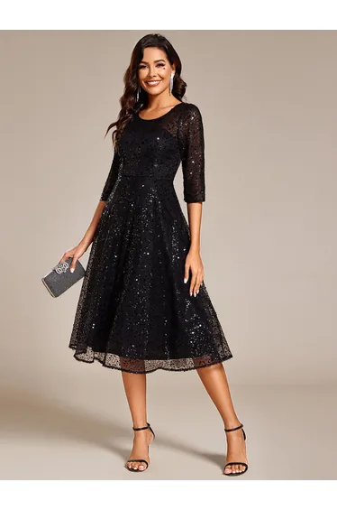 ever SIENNA|3/4 Sleeve Sparkly Sequin Round Neck Midi Wedding Guest Dress