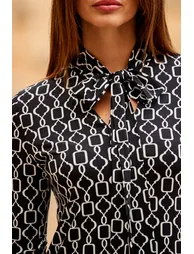 Black Geometric Print Tie Neck Shift Jersey Dress - 4