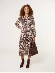 فستان بلو فانيلا قميص بني ميدي منقط بقصة مستقيمة بأكمام طويلة - 2