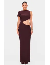 Chocolate Double Layer Slinky Short Sleeve Trim Detail Maxi Dress